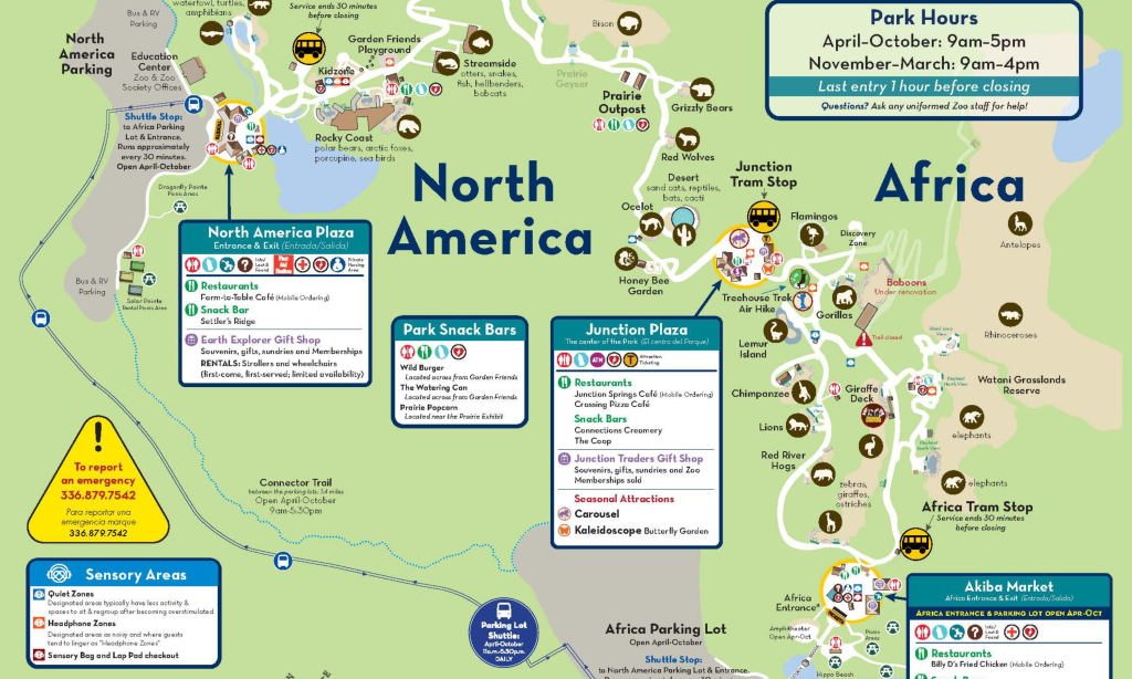 Map of NC Zoo in Asheboro NC showing exhibits, trails, and visitor amenities