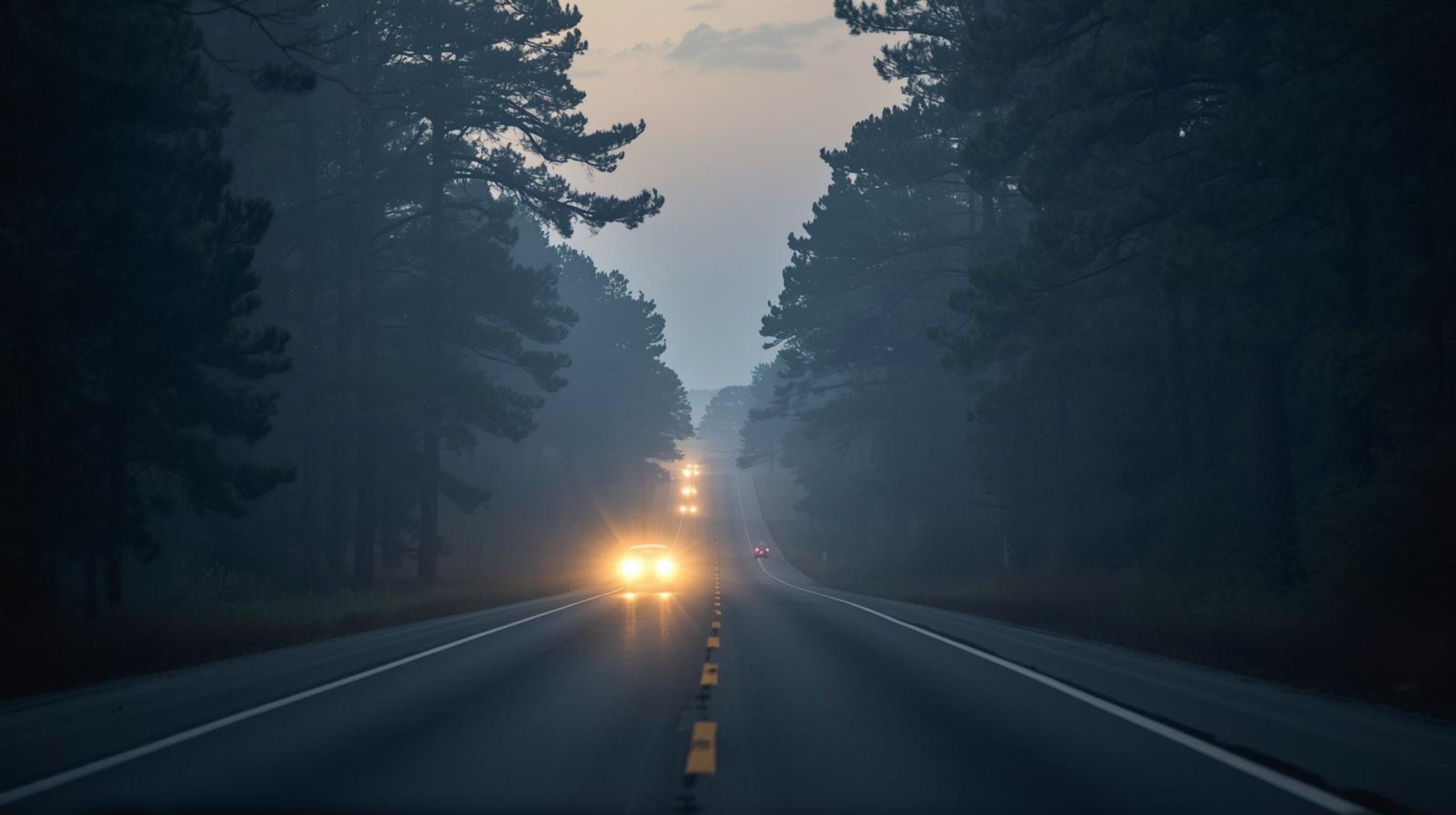 Cars with headlights on driving along a pine-lined road at dawn near Fort Bragg